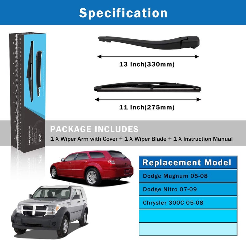 WTI Rear Wiper Arm Blade Set Compatible With Chrysler 300C 2005-2008 / Compatible With Dodge Magnum 2005-2008 / Compatible With Dodge Nitro 2007-2009 Rear Windshield Window Wiper Kits Assembly - Image 5